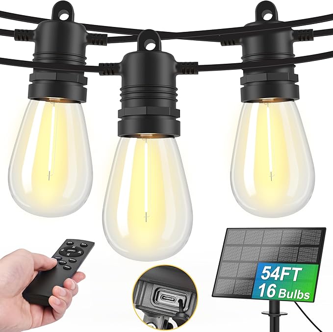 Solar String Lights Outdoor Waterproof 54 FT 16 Sockets 17 LEDs Patio Lighting, USB Charge & Remote Controlled Dimmer Timer, Solar Outdoor Lights for Patio Yard Outside Camping Party 2700K