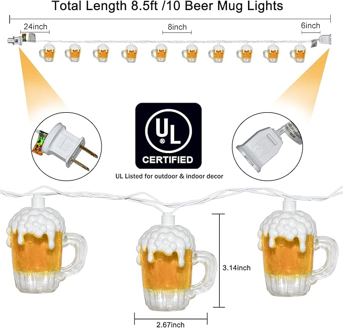 Beer Mug String Lights Celebration Decor Lights, 8.5Ft Outdoor Tropical Lights with 10 3D Beer Cup Lights, Creative String Lights for Summer Themed Bar Party Bedroom Wedding Graduation Club Decor