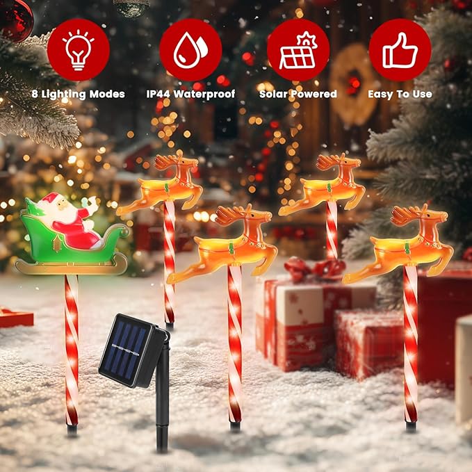 Christmas Pathway Lights Outdoor, 5 Pack Lighted Reindeer Stake Lights with 8 Lighting Modes, IP44 Waterproof Solar LED Christmas Yard Light for Garden Lawn Porch Front Door Patio Holiday Decor