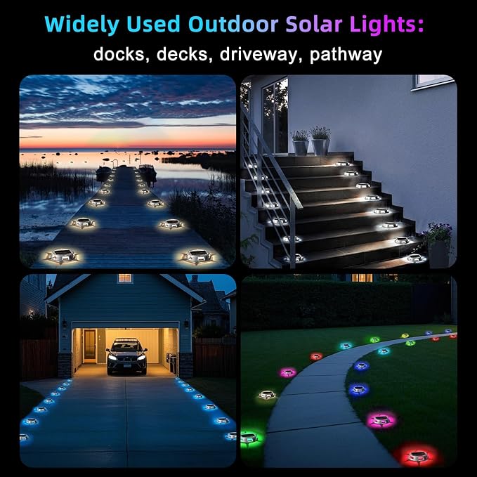 Sumaote Solar Driveway Lights 2 Pack with 9 Fixed Colors & 3 Dynamic Modes | Solar Dock Lights | RGB Color Changing IP67 Waterproof Outdoor Lights for Deck, Pathway, Stairs, Dock