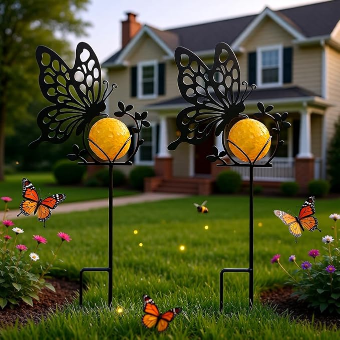 Butterfly Solar Lights Outdoor Decorations, 2 Pack Metal Iron Solar Stake Lights for Yard, Garden, Lawn Decor