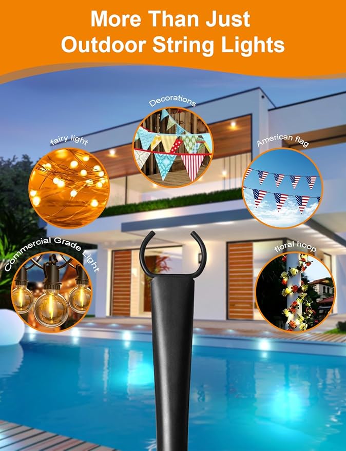 2 Pack String Light Poles for Outside, Thickened Metal Lights Hanger Pole Outdoor with Fork, Lighting Hanging Post | Lumora