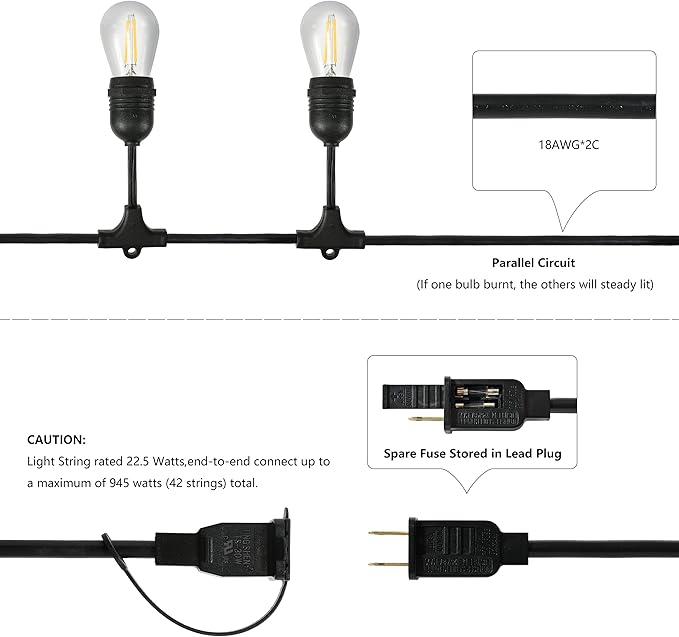 JONATHAN Y JYL8702A 48' Outdoor LED String Lights with 15 S14 Edison Bulbs, Dimmable Weatherproof Commercial Grade | Lumora