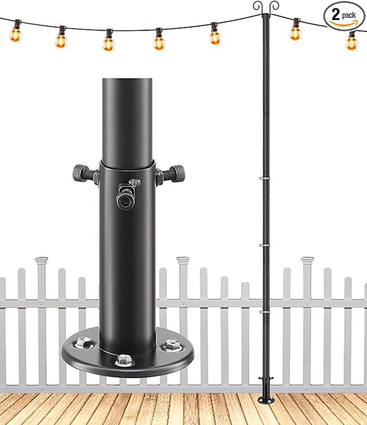 12FT String Light Poles - 2 Pack Deck Light Poles for Outside String Lights Heavy Duty with Anchor Based and Bracket - Waterproof Outdoor Patio Light Poles for Wedding, Party