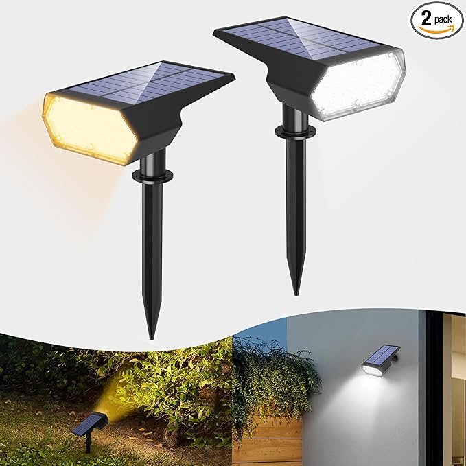 I-SHUNFA Solar Spot Lights Outdoor 2Pack,4 Lighting Modes,Cool White and Warm White 2 Colors Adjustable Solar Light,Auto On/Off Solar Powered Landscape Light for Yard Wall Pathway
