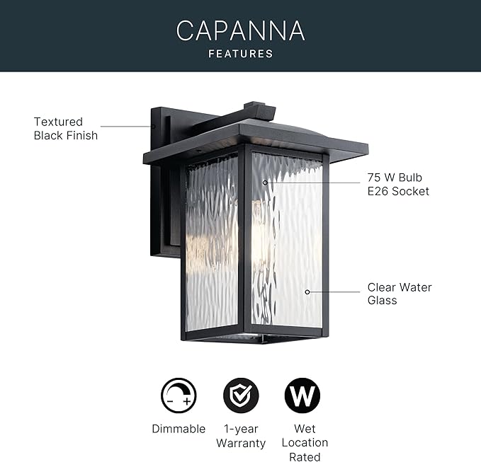 Kichler Capanna 13.25" Outdoor Wall Light in Black, 1-Light Exterior Wall Sconce Porch Light with Clear Water Glass, (13.25" H x 8.5" W), 49925BKT