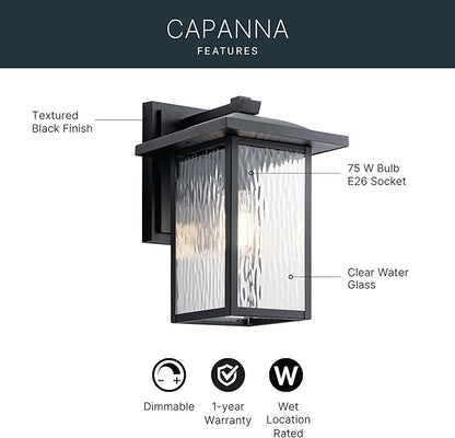 Kichler Capanna 13.25" Outdoor Wall Light in Black, 1-Light Exterior Wall Sconce Porch Light with Clear Water Glass, (13.25" H x 8.5" W), 49925BKT