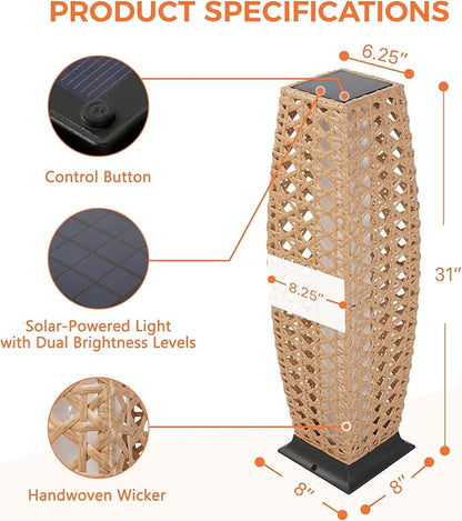 Grand patio Outdoor Floor Lamp Solar Lantern, Water-Resistant Natural Wicker Boho Patio Light with 50/100 Lumens Dual Brightness & Memory Mode for Garden Porch Deck Decor, Large Diamond Natural