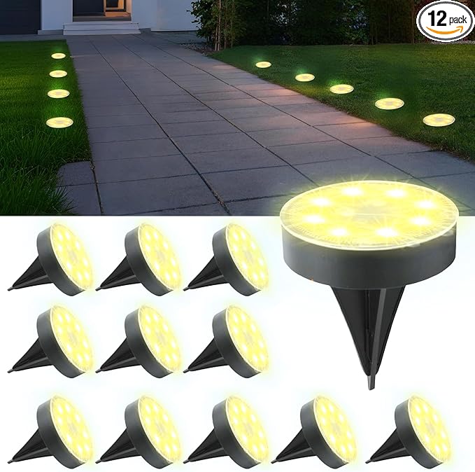 Ground Lights 12 Pack, IP68 Waterproof Solar Disc Lights for Outdoor, Flat Garden Light, In-Ground Light, Landscape | Lumora