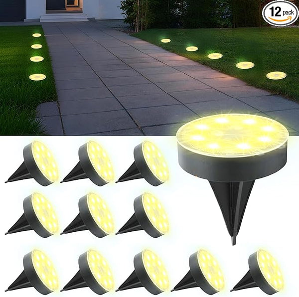 Ground Lights 12 Pack, IP68 Waterproof Solar Disc Lights for Outdoor, Flat Garden Light, In-Ground Light, Landscape | Lumora