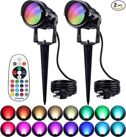 SUNVIE RGB Spot Lights Outdoor 12W LED Color Changing Landscape Lights with Remote Control 120V RGBW Landscape Lighting Waterproof Outdoor Spotlight for Yard Garden Patio Lawn Decorative, 2 Pack