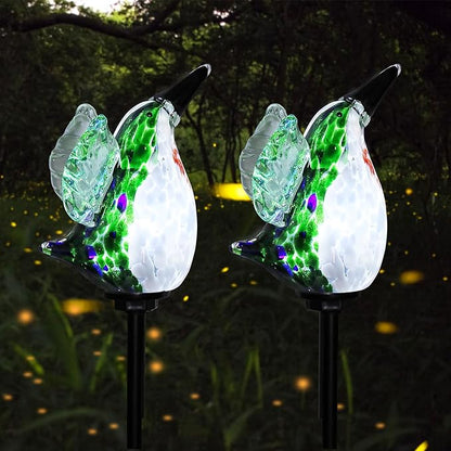 Afirst Solar Hummingbird Garden Stake Lights Hand Blown Glass Decorative Garden Pathway Lights Outdoor Waterproof Bird Glass Stakes 2 Pack