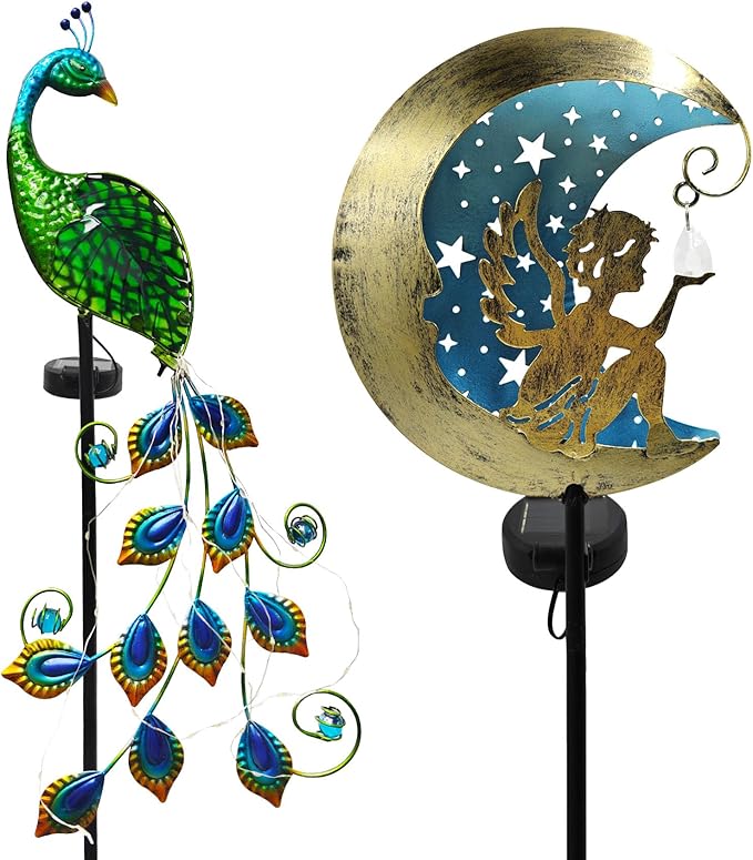 Solar Peacock + Moon Angel Garden Stake Lights Outdoor, Waterproof Metal Glass Decorative Landscape Path Lights with Stake Easy Install for Pathway Patio Lawn Yard