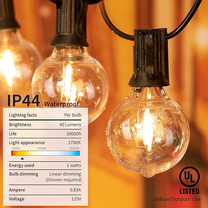 LED G40 Outdoor String Lights Patio Lights 109FT with 104 LED Shatterproof Bulbs, Weatherproof Commercial Hanging | Lumora
