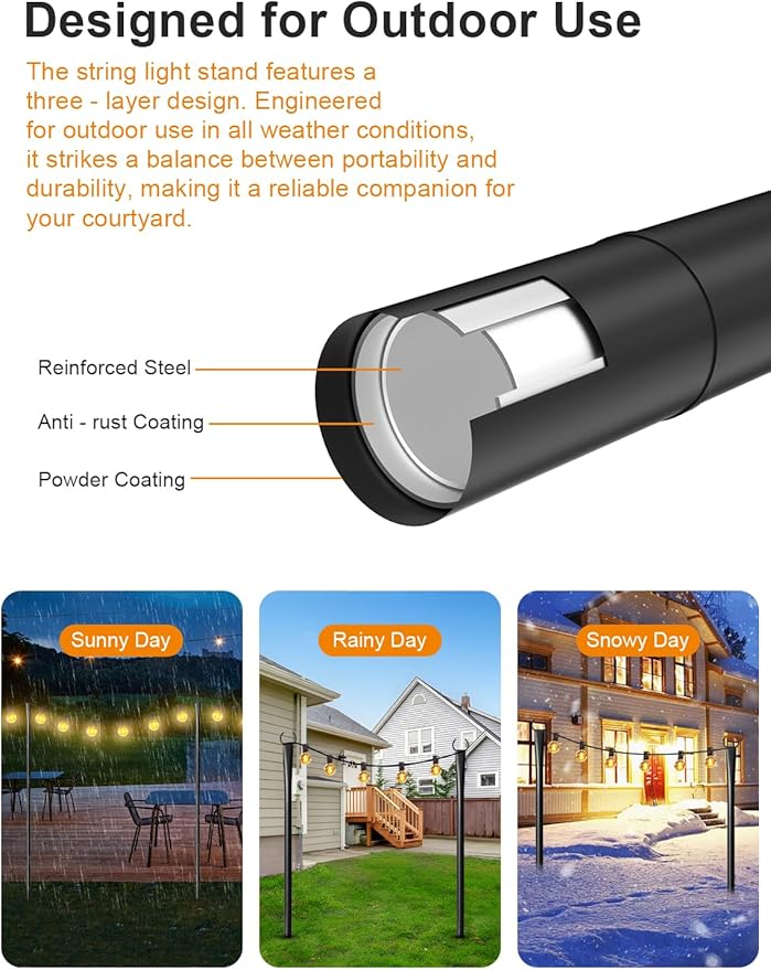 2 Pack String Light Poles for Outside, Thickened Metal Lights Hanger Pole Outdoor with Fork, Lighting Hanging Post | Lumora
