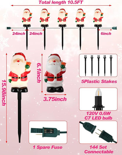 Set of 5 Classic Santa Claus Pathway Lights - 10.5ft UL-Listed Christmas Walkway Lights with C7 Bulbs for a Nostalgic Holiday Yard Display