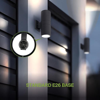 ASD 2 Light Dusk to Dawn Outdoor Wall Light Fixture | 120W E26 Bulb Socket 120V ETL Cylinder Up Down Lights | LED/CFL/Incandescent Bulb Exterior Wall Sconce | Front Door, Porch Patio | Black