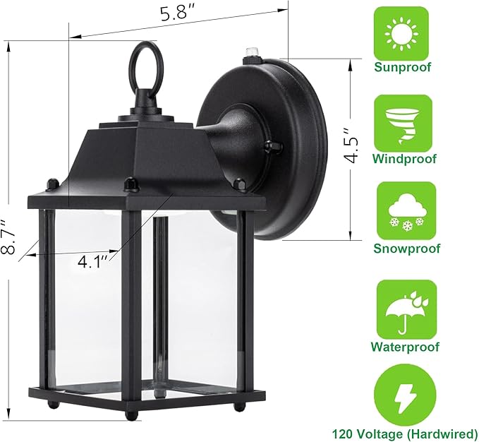 LIT-PaTH Dusk to Dawn Outdoor Wall Lantern, LED Wall Sconce, 3000K Warm White, 9.5W, 800 Lumen, Aluminum Housing Plus Glass, Outdoor Rated, 2-Pack, Black