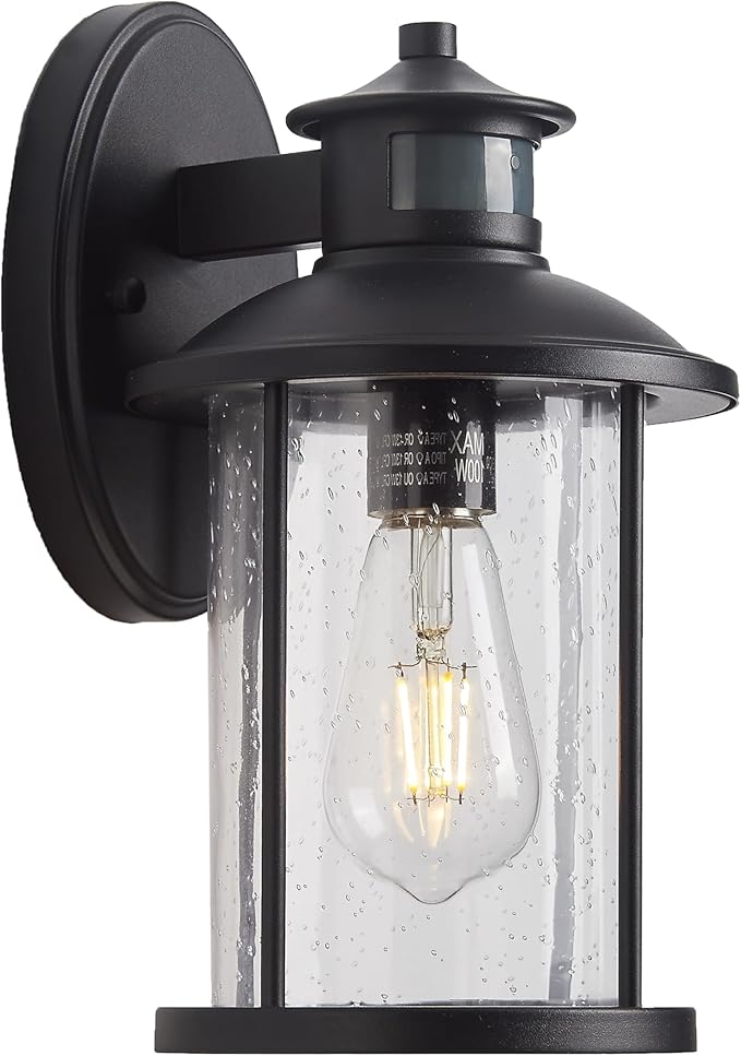 MICSIU 11.5" Motion Sensor Outdoor Wall Light, 3-Mode Dusk to Dawn Exterior Fixture with Clear Seedy Glass, Matte Black Anti-Rust Porch Light, 100W Max Security Sconce for Front Door, Garage