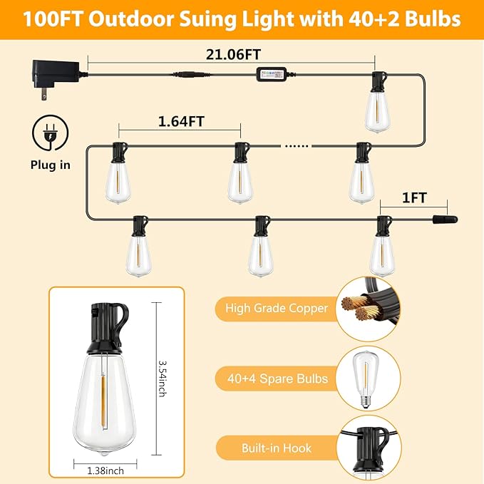 Smart Outdoor String Lights, 100FT ST38 LED Patio Lights with Timer Remote APP Control, 42 Shatterproof LED Bulbs (2 Spare), Dimmable Waterproof Hanging Light for Backyard Porch Party Decor