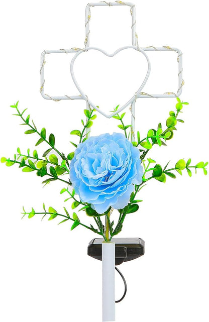 16 Inch Solar Cross Garden Stake Lights with 1 Artificial Flower Metal Garden Art for Patio Lawn Garden Decor Solar Outdoor Love Sign for Gravesites Memorial and Ideal Gifts for Loved Ones