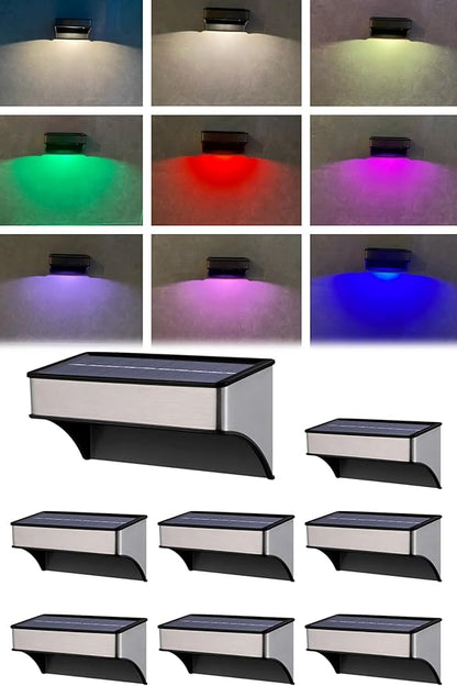 Solar Deck Lights 8 Pack Outdoor Waterproof - Step Lights for Stairs & Fence, 8 Color Changing Security Lighting with Auto On/Off, Wall Lights for Patio/Yard/Pathway (Warm/Cool White + RGB)
