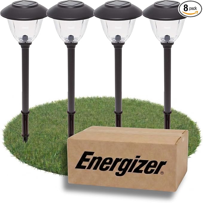 Energizer Outdoor Pathway Lights - 8 Pack 15 Lumen Bright Solar Lights for Outside with Patterned Glass & Metal Finish, Easy to Install Waterproof Sidewalk Lights for Better Illumination - Gunmetal