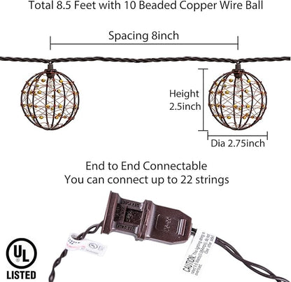 Outdoor Decorative Patio String Lights, Beaded Copper Wire Ball Style Lantern Lights, Connectable Weather-Resistant Indoor Outdoor Novelty Whimsical Light for Home Pergola Bedroom Porch Party Backyard