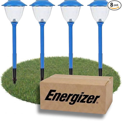 Energizer Outdoor Patio Light - 8 Pack Solar Garden Decor Lights with 15 Lumen Output & Patterned Glass & Metal Finish, Simple to Install Waterproof Ground Solar Lights for Driveway Decor - Blue