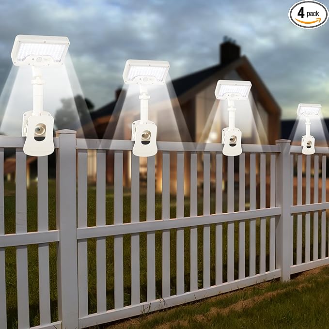 Clip On Solar Lights Outdoor with Motion Sensor, 360°Rotatable & Vertically Adjustable Solar Fence Lights with 92 LEDs (600 LM, 6000 K),IP65 Waterproof Security Light for Deck, Gutter（White, 4 Pack）