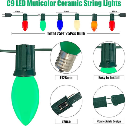 C9 LED Multicolor Christmas Light, 25FT Vintage Christmas Lights with 26 Ceramic LED Bulbs(1 Spare), Hanging Connectable Christmas Tree Roofline Lights for Patio Garden Holiday Home Christmas Decor