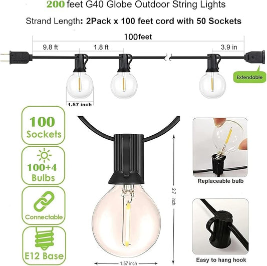 200Feet Outdoor String Lights G40 Globe String Lights, 100+4 Replaceable 2200K Warm Bulbs, Connectable Waterproof Outside Lights for Patio Backyard Party Wedding, 2Pack x 100FT