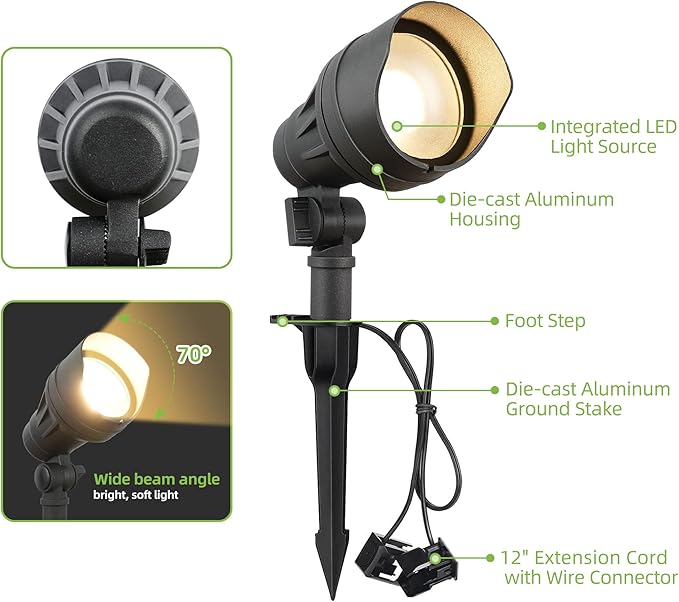 hykolity Low Voltage Landscape Spotlight, 12V Die-cast Aluminum LED Landscape Lighting with Connector, 9.8W 390LM | Lumora