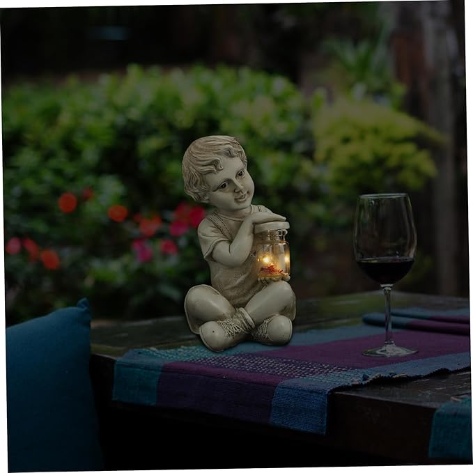 Garden Solar Powered Little Boy Figurines Statue Solar Lights Outdoor Boy Statue | Lumora