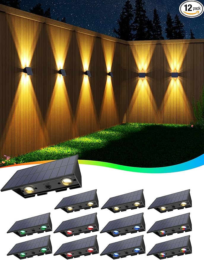 Solar Fence Lights,12 Pack Solar Lights Outdoor Warm White + RGB Up & Down Solar Wall Lights Waterproof 100 Lumens Dusk to Dawn Solar Powered Fence Light for Backyard/Pool/Railing/Patio/Porch/Step