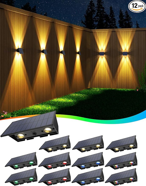 Solar Fence Lights,12 Pack Solar Lights Outdoor Warm White + RGB Up & Down Solar Wall Lights Waterproof 100 Lumens | Lumora