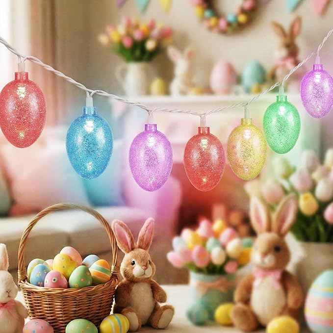 8.5Ft Easter Egg String Lights Plug in, Outdoor Easter Decorations String Lights with 10 LED Multicolor Glitter Egg Light, Hanging Pastel Easter Lights for Indoor Home Spring Patio Garden Party Decor