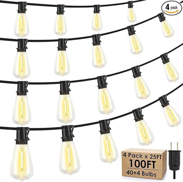 100FT(4x25FT) Outdoor String Lights, Patio Lights with 40+4 LED Dimmable Waterproof Linkable ST38 Edison Bulbs for | Lumora