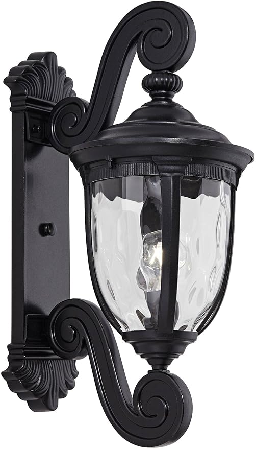 John Timberland Bellagio European Outdoor Wall Light Fixture Texturized Black Dual Scroll Arm 24" Clear Hammered Glass for Exterior House Porch Patio Outside Deck Garage Front Door Garden Home