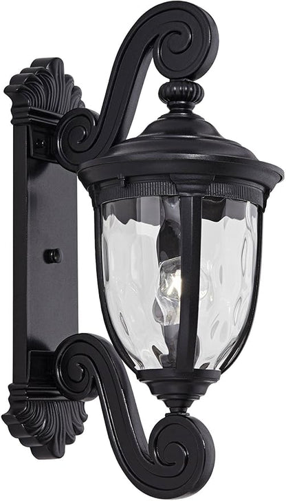John Timberland Bellagio European Outdoor Wall Light Fixture Texturized Black Dual Scroll Arm 24" Clear Hammered Glass for Exterior House Porch Patio Outside Deck Garage Front Door Garden Home
