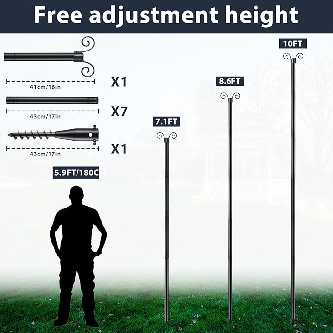 10FT String Light Poles with Spiral Ground Stakes, 38mm Adjustable Height Rustproof Metal Posts for Garden Lawn | Lumora