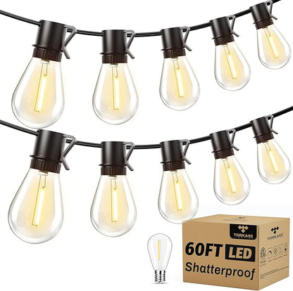 Torkase Dimmable S14 LED Patio Lights 60FT 20+1 Vintage Bulbs, ETL Listed Commercial Grade Waterproof String Lights for Porch, Gazebo, Market Lighting
