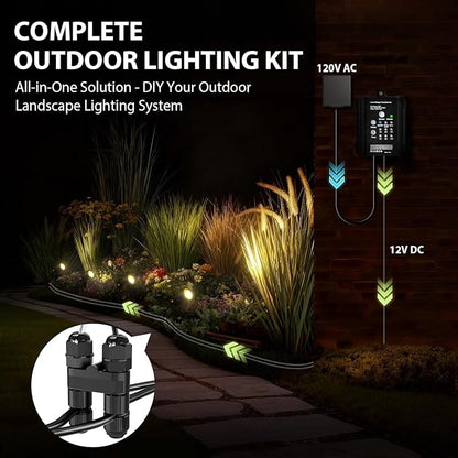All-in-One Low Voltage Landscape Lighting Kit, 6W 3000K Outdoor LED Landscape Spotlights with 65W Transformer, 100FT 16/2 Wire & Connectors, Perfect for Yard, Garden, Deck, 12V-24V AC/DC, 12Pack
