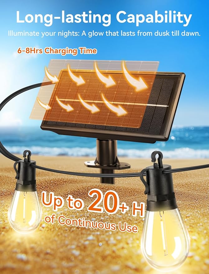 Brightever Solar String Lights for Outside, 50FT Patio Lights Outdoor Waterproof Solar Powered, 3 Lighting Modes Dimmable, 15+1 Shatterproof S14 Edison Bulbs, Solar Outdoor String Lights for Deck