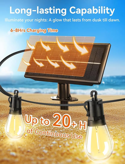Brightever Solar String Lights for Outside, 50FT Patio Lights Outdoor Waterproof Solar Powered, 3 Lighting Modes Dimmable, 15+1 Shatterproof S14 Edison Bulbs, Solar Outdoor String Lights for Deck
