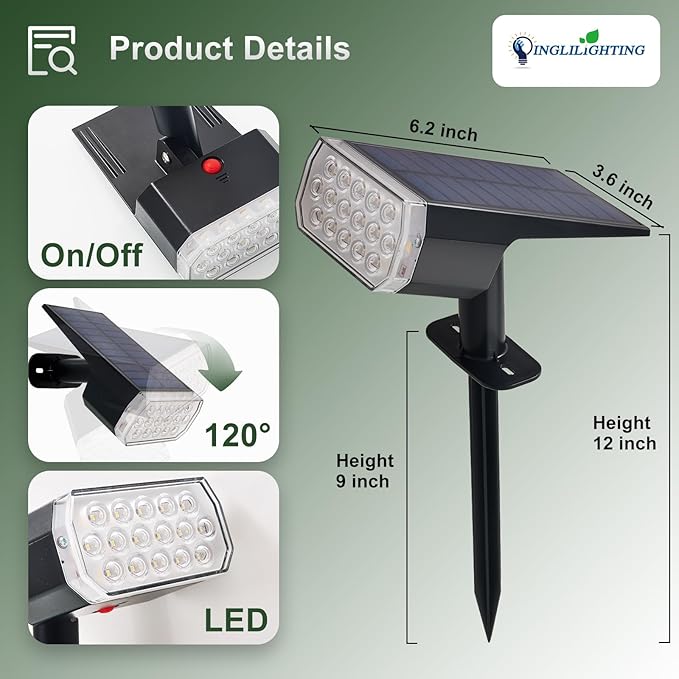DINGLILIGHTING Solar Lights Outdoor Waterproof: IP65 Led Spot Light Decorations for Garden - 3 Lighting Modes Solar | Lumora