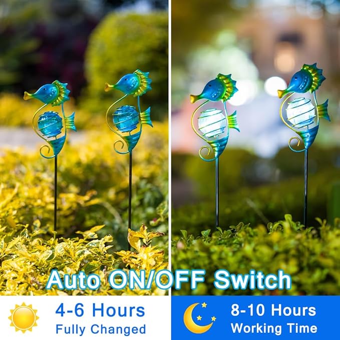 Solar Lights Outdoor 2 Pack,Metal Garden Decorative Stake Solar Lights Blue Seahorse Decor for Garden,Pathway,Lawn,Patio,Yard