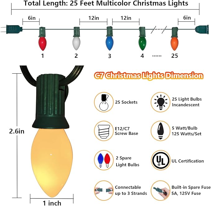 Christmas Lights Outdoor 25Ft C7 Incandescent Christmas Lights with 27 Multicolor Ceramic Glass Bulb(2 Spare), Connectable Vintage Xmas String Light for Outside Patio Porch Party Wedding Garden Decor