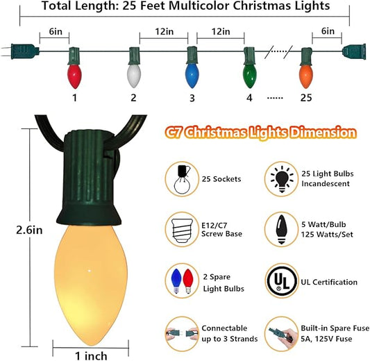 Christmas Lights Outdoor 25Ft C7 Incandescent Christmas Lights with 27 Multicolor Ceramic Glass Bulb(2 Spare), Connectable Vintage Xmas String Light for Outside Patio Porch Party Wedding Garden Decor