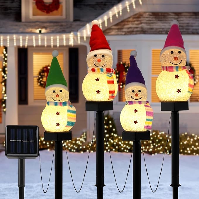 4 Pcs Solar Christmas Snowman Pathway Lights, Outdoor Snowman Stakes Light Ornaments for Yard Garden Lawn Landscape Patio Walkway Decor